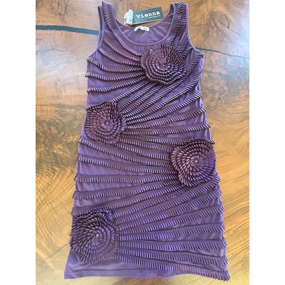 NWT Vienna 3D Pleated Origami Embellished Floral Mini Dress Cotton Purple S